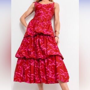 Tiered Red and Hot Pink Patterned Maxi Dress
